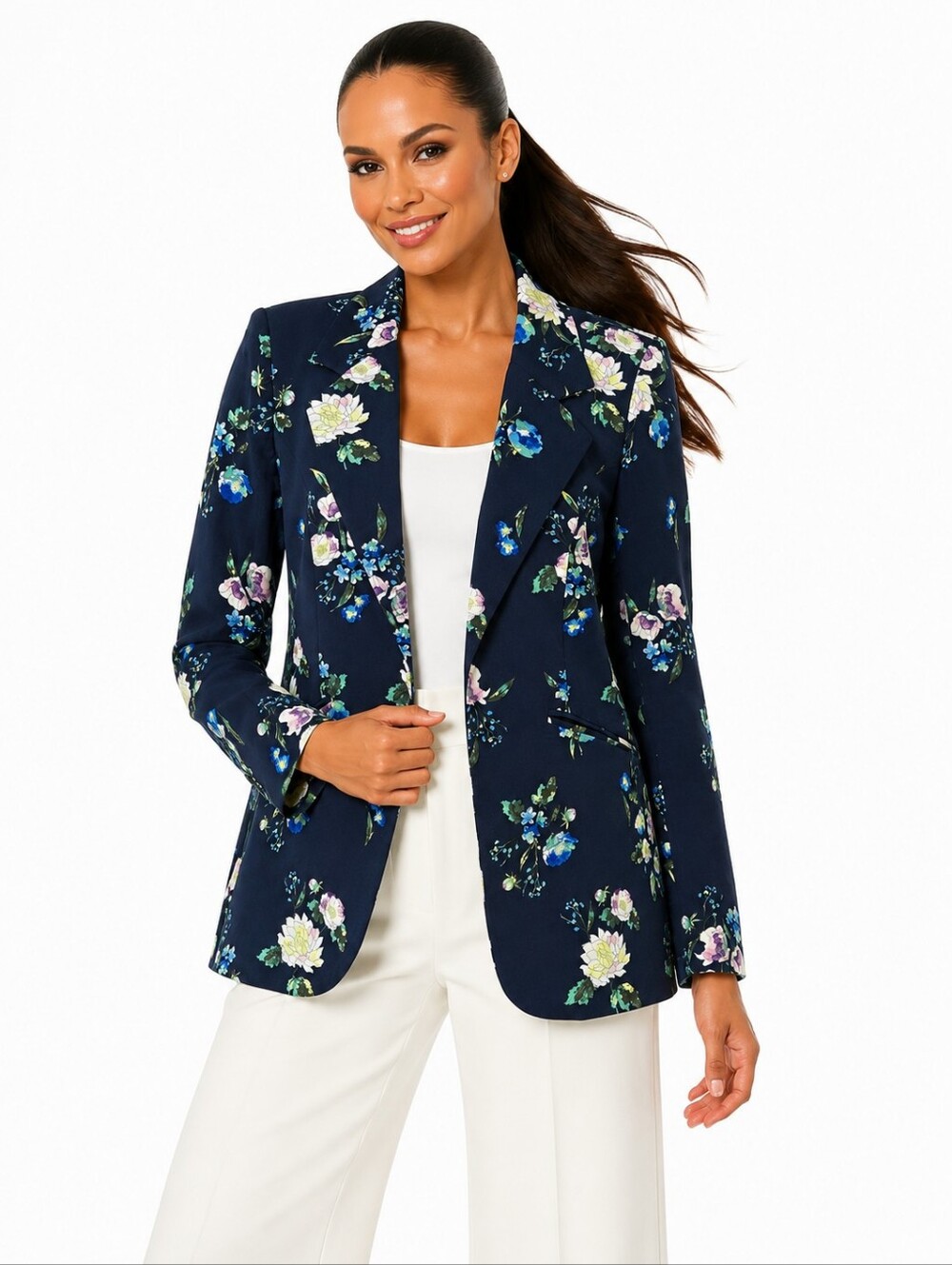 Cynthia Rowley Floral Blazer Jacket Women's Medium Navy Blue Open Front